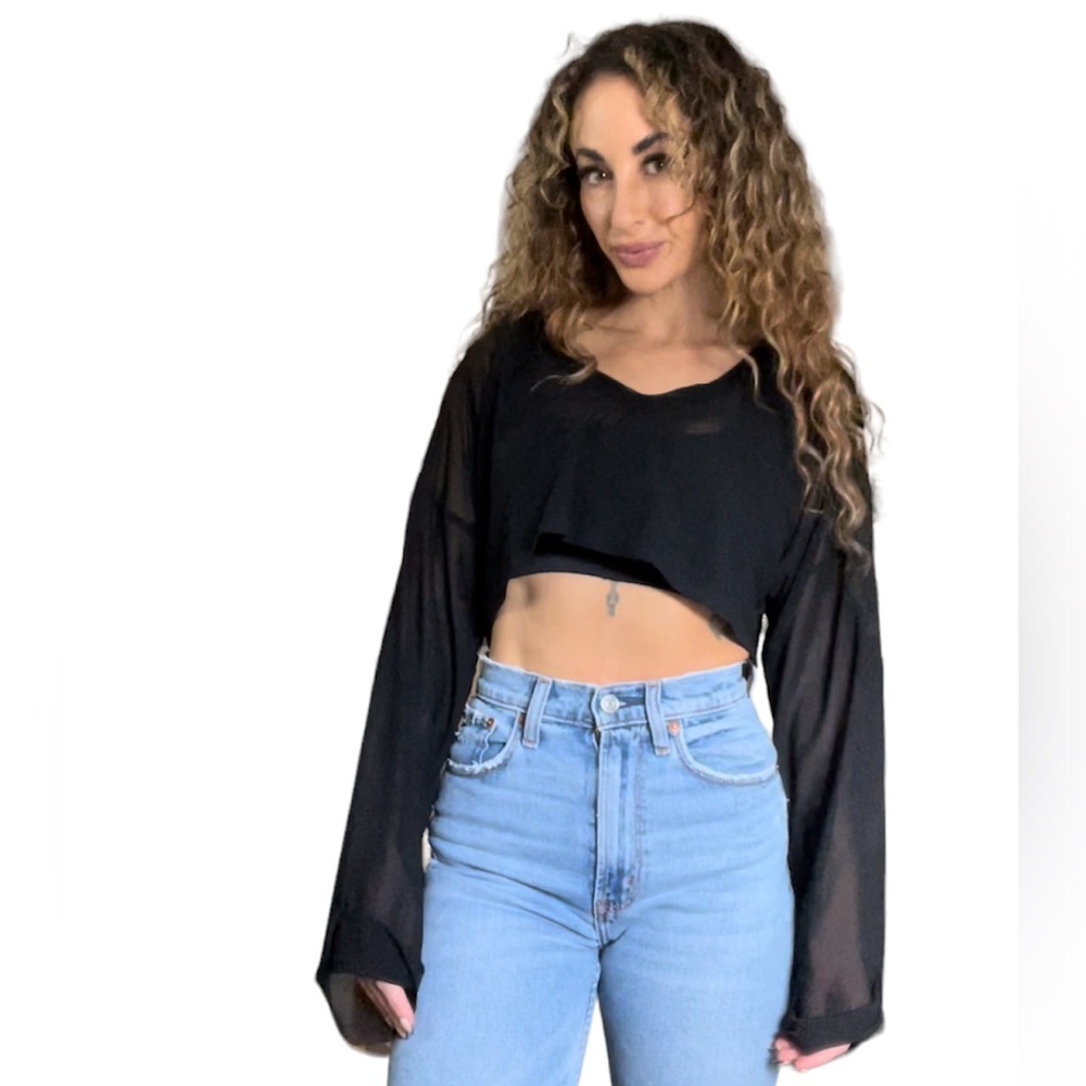 Joah Brown Mesh Crop Top Long Sleeve Black One Size